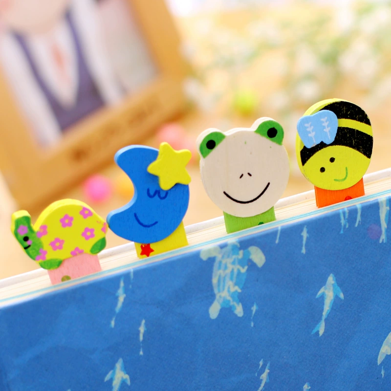 wooden cartoon bookmark, cute kids prize, colorful painted topper, random color