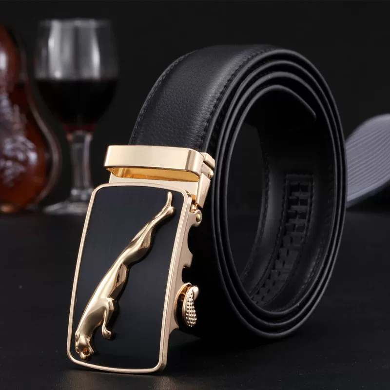Men’s genuine leather ratchet belt, two‑layer cowhide, adjustable 110–125 cm