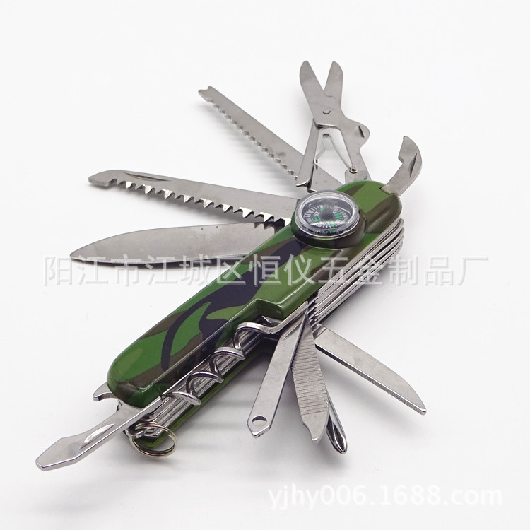 多功能小刀 迷彩11功能带指南针军刀 多功能刀钳折叠刀迷你小刀