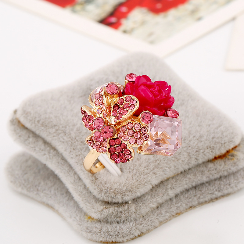 Joyería europea y americana colorido cristal gema anillo abierto personalidad moda anti-alergia resina flor anillo
