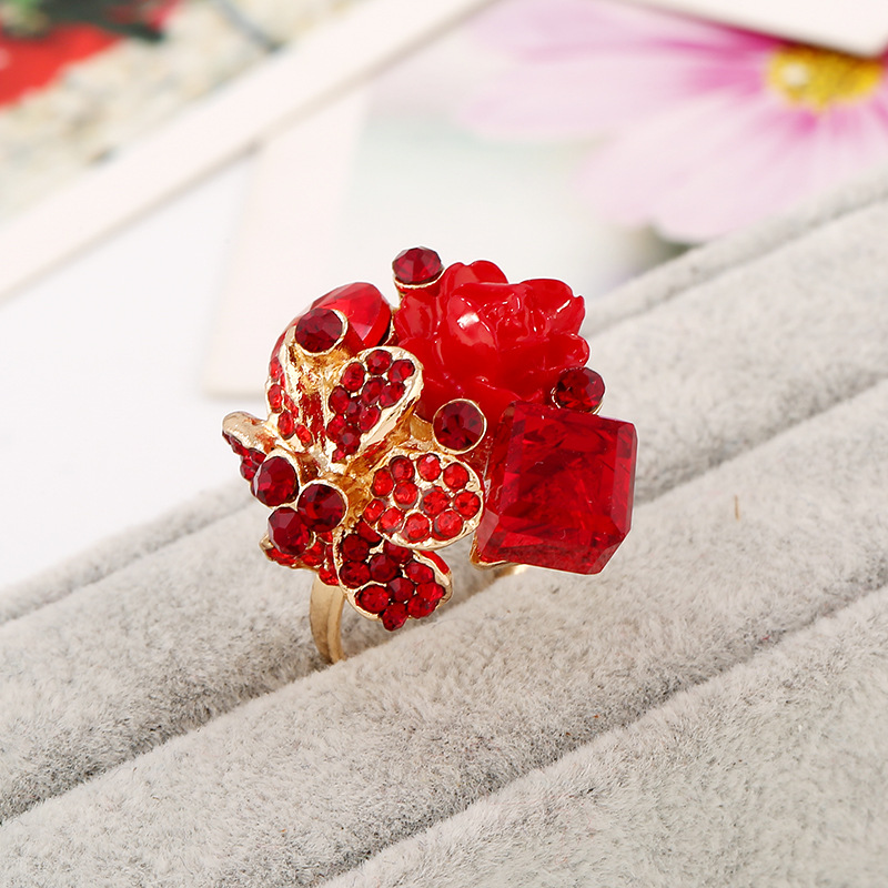 Joyería europea y americana colorido cristal gema anillo abierto personalidad moda anti-alergia resina flor anillo