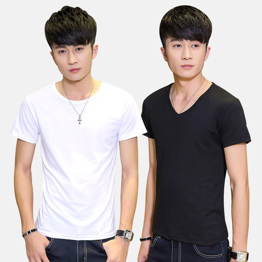 2023 Summer New Style Pure White V-neck Men's Short-sleeved T-shirt Men's Half-sleeved Solid Color Slim-fit Base Shirt Trendy ebay