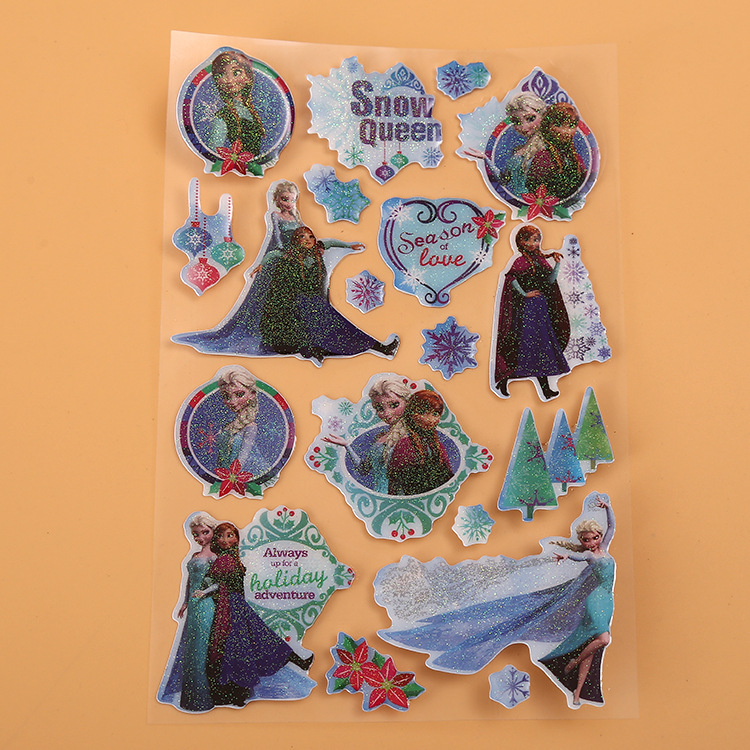 厂家供应优质闪烁冰雪奇缘水晶滴塑儿童玩具不干胶塑胶标签贴纸