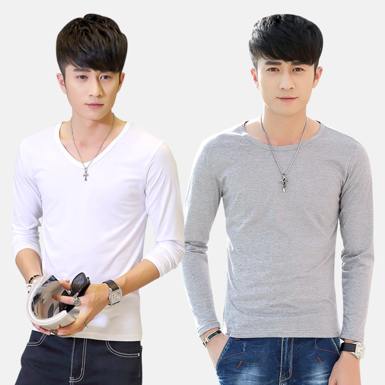 Primavera y otoño de los nuevos hombres de color sólido cuello redondo de manga larga Camiseta de estilo coreano SLIM-Fit pullover camisa superior entrega de una sola pieza