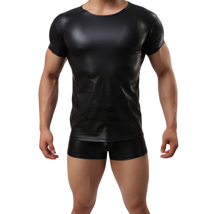 Men's fashion round neck short sleeve classic European and American patent leather T-shirt nightclub fashion intramuscular men's underwear wholesale men