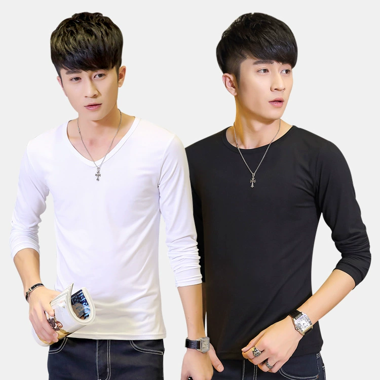 Оптовая продажа весенне-осенняя футболка с длинным рукавом и V-образным вырезом, Корейская приталенная Мужская нижняя рубашка, новая Однотонная футболка с длинным рукавом, Ebay