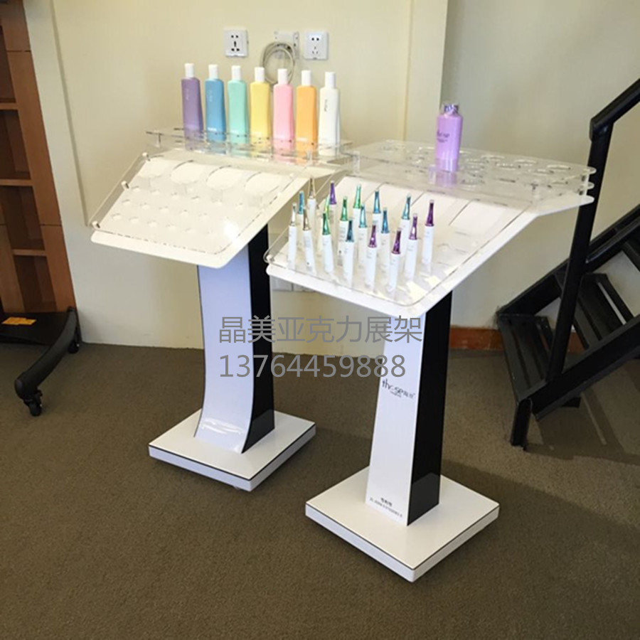 日用品展示架 亚克力推车化妆品陈列 透明白色板产品摆饰架高透明