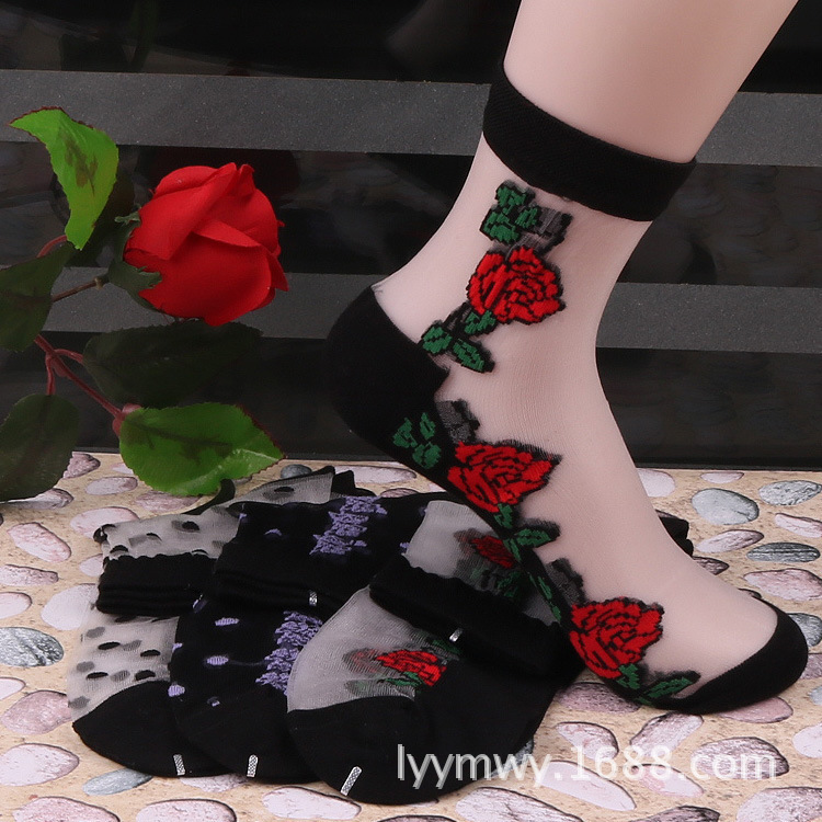 Socks women rose sweet autumn and winter non-slip cotton bottom stockings transparent tube ladies glass silk socks wholesale