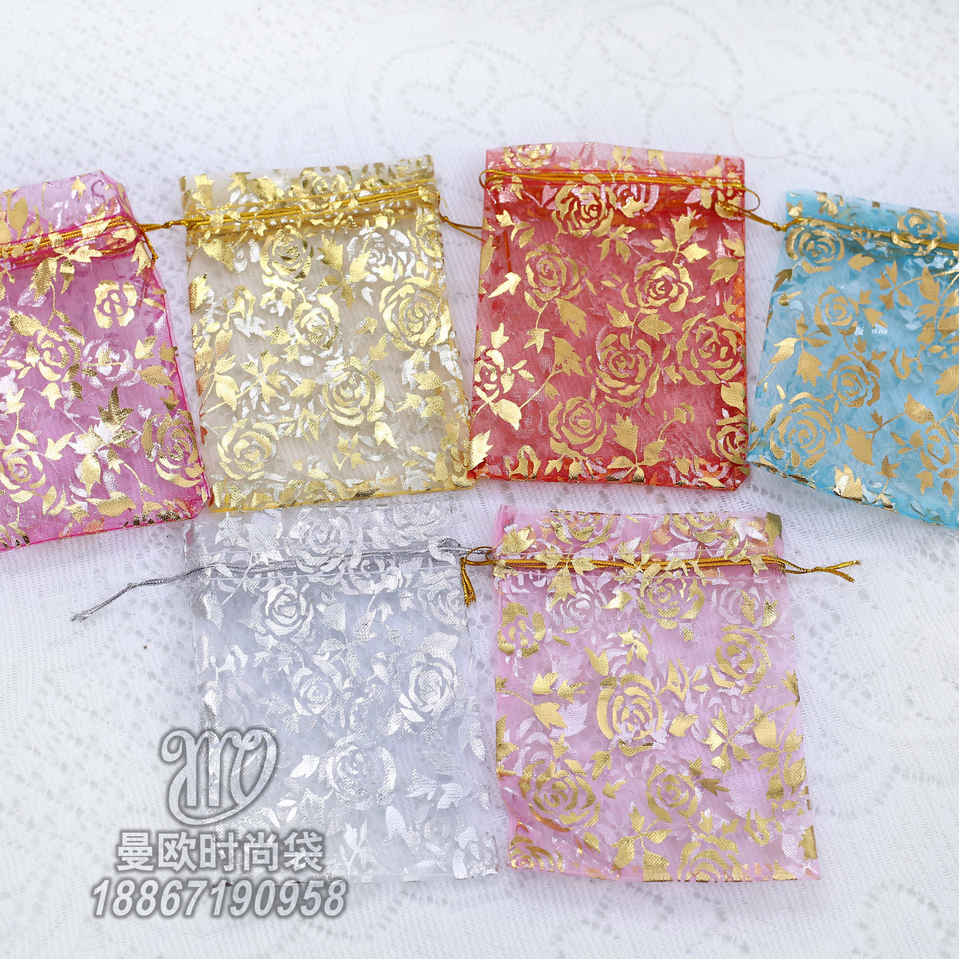 纱网烫金袋 纱布束口袋厂家 包装饰品首饰抽绳小布袋现货 10X14