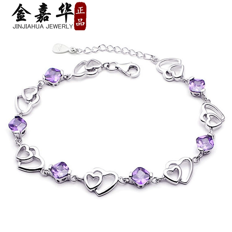 Silver серебряный браслет, кристаллический браслет с аметистом, сердечко в виде аксессуара, яркий запоминающийся стиль, оптовая продажа