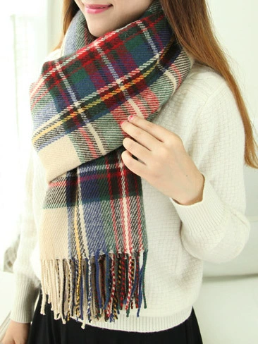 Extra‑Long Faux Fur Scarf with Tassels, Elegant Plaid Shawl, 200 × 62 cm