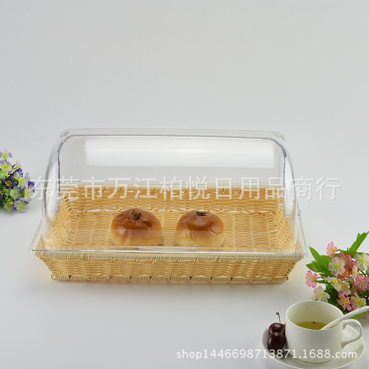 Cesta para pan, cesta para frutas, imitación ratán de plástico con tapa, cesta para exhibir alimentos, bandeja de ratán con tapa, transparente para puestos de venta