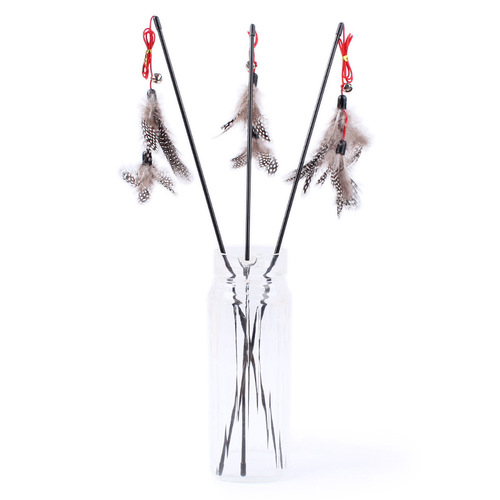 Plastic Cat WAND with Pearl Feather Double Layer Chain, Black Rod, Red Rope with Bell, Wholesale Cat Toy