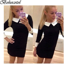 跨境亚马逊 出口俄罗斯 女装拼接翻领撞色上衣修身显瘦连衣裙子