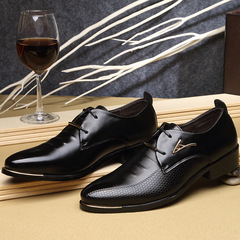 Men's leather shoes, men's spring British style lace-up pointed toe wedding shoes, breathable youth formal business casual shoes