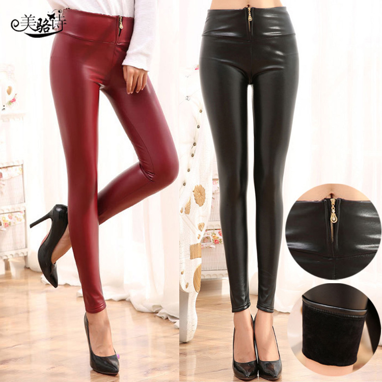 Korean version of winter women's pants plus velvet super soft high waist zipper PU leather pants thick imitation leather slim leggings manufacturers wholesale