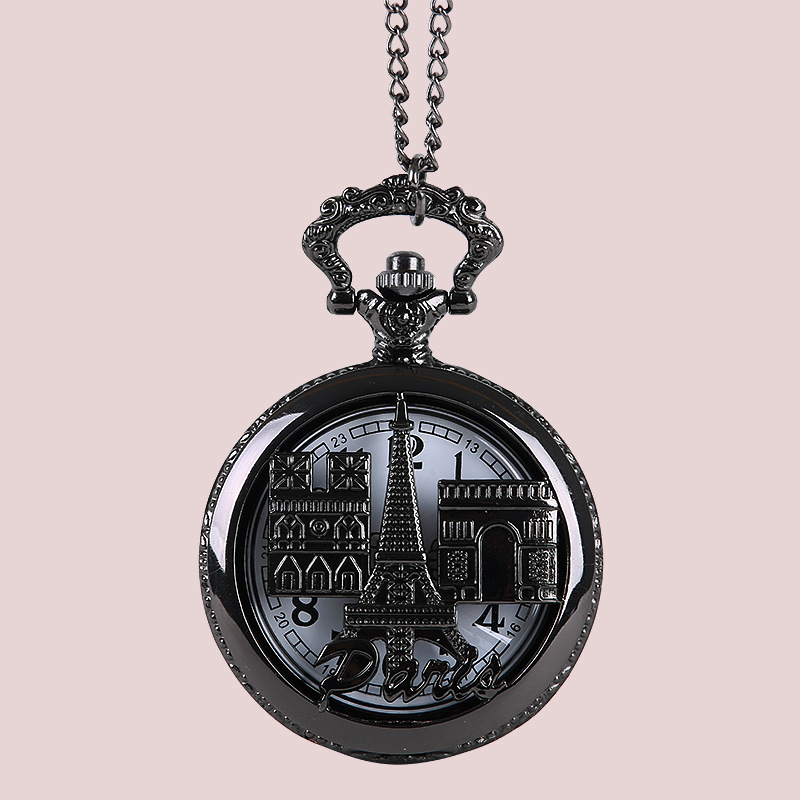 Classical Black Paris Attractions Retro Nostalgic Pocket Watch Large Paris Eiffel Tower Carved Cutout Pocket Watch
