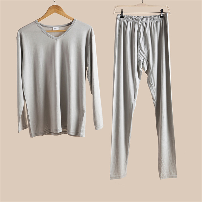 Autumn and Winter Silk Cotton Men's V-neck Underwear suit Mulberry Silk Men's Cotton Pants Pajamas Warm suit L-XXL