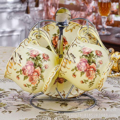 Creative Home British Style Ceramic Coffee Cup and Saucer Set with 2 Cups and 2 Saucers Afternoon Tea Cups with Stand and Spoon
