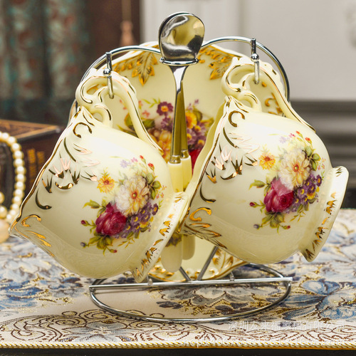 Creative Home British Style Ceramic Coffee Cup and Saucer Set with 2 Cups and 2 Saucers Afternoon Tea Cups with Stand and Spoon