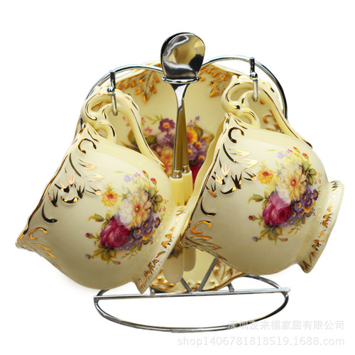 Creative Home British Style Ceramic Coffee Cup and Saucer Set with 2 Cups and 2 Saucers Afternoon Tea Cups with Stand and Spoon