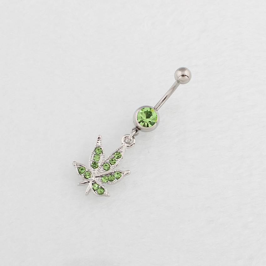 Navel Ring With Maple Leaf Pendant Diamond-studded Belly Piercing_voghion.com