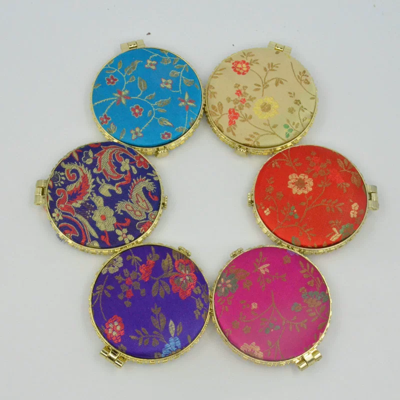 Double-Sided Silk Brocade Folding Makeup Mirror, Hand-Embroidered, 5 Shapes (7–7.5 cm)