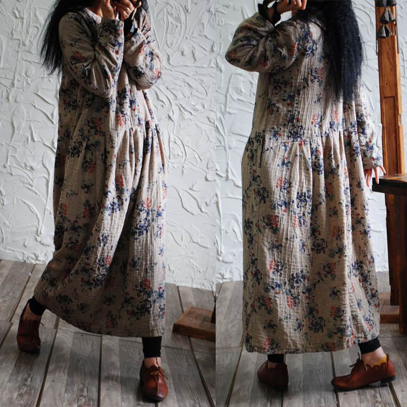 Original Designer Floral Cotton and Linen Long Dress, Retro Large Skirt, Artistic Lapel Slimming Look Robe