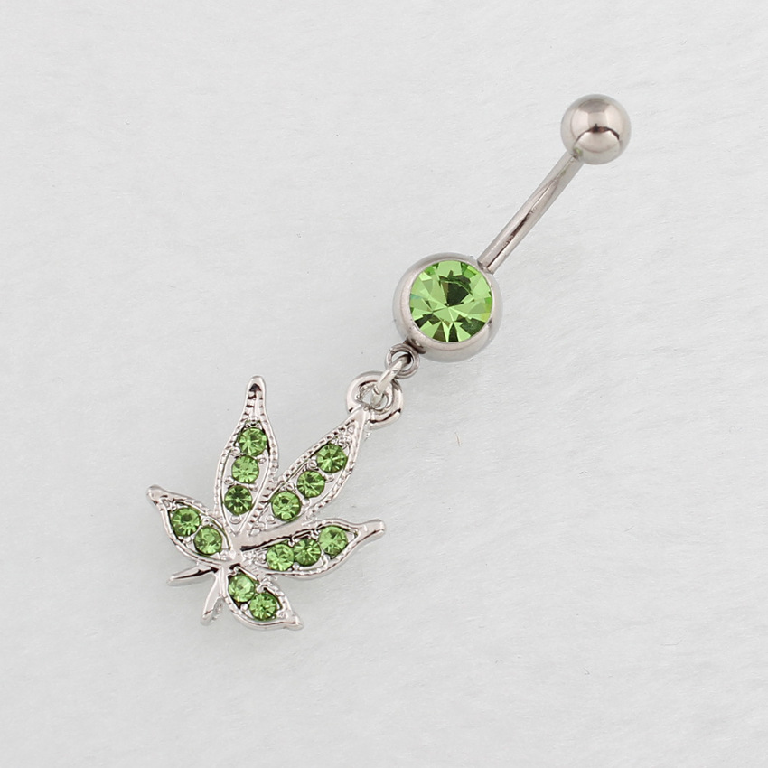 Navel Ring With Maple Leaf Pendant Diamond-studded Belly Piercing_voghion.com