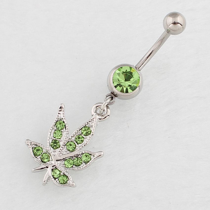 Navel Ring With Maple Leaf Pendant Diamond-studded Belly Piercing_voghion.com