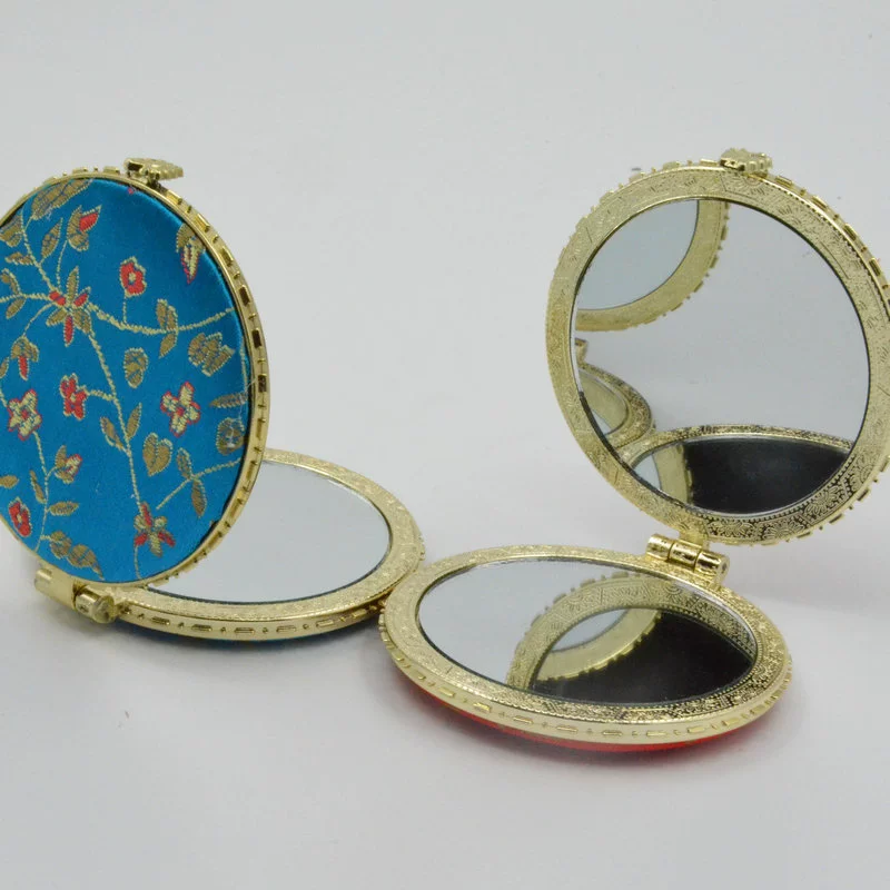 Double-Sided Silk Brocade Folding Makeup Mirror, Hand-Embroidered, 5 Shapes (7–7.5 cm)