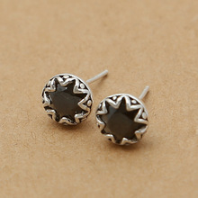 厂家批发S925纯银时尚饰品 泰银镶黑曜石芒星日韩男女士个性耳钉