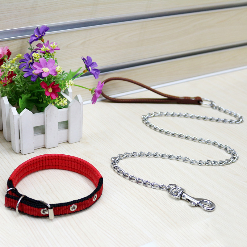 Amazon suministros para mascotas al por mayor cuerda de perro de metal cadena de hierro PU collar de cadena de perro correa de perro