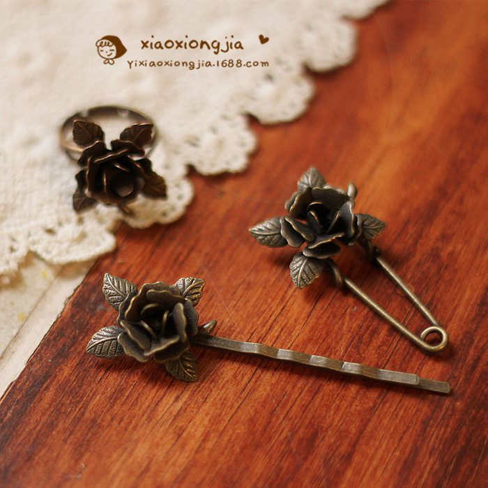 Vintage Bronze Hairpin Side Clip European and American Bronze Hair Accessories Small Duckbill Clip Artistic Rose Ring Brooch Hair Accessories for Women