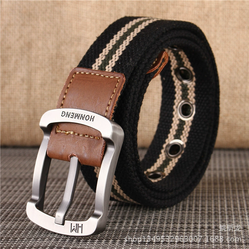 Men's cloth belt, Korean school style, canvas with faux-leather buckle, 105–125 cm