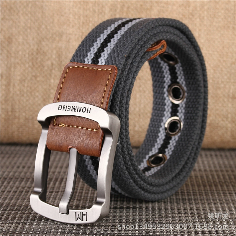 Men's cloth belt, Korean school style, canvas with faux-leather buckle, 105–125 cm