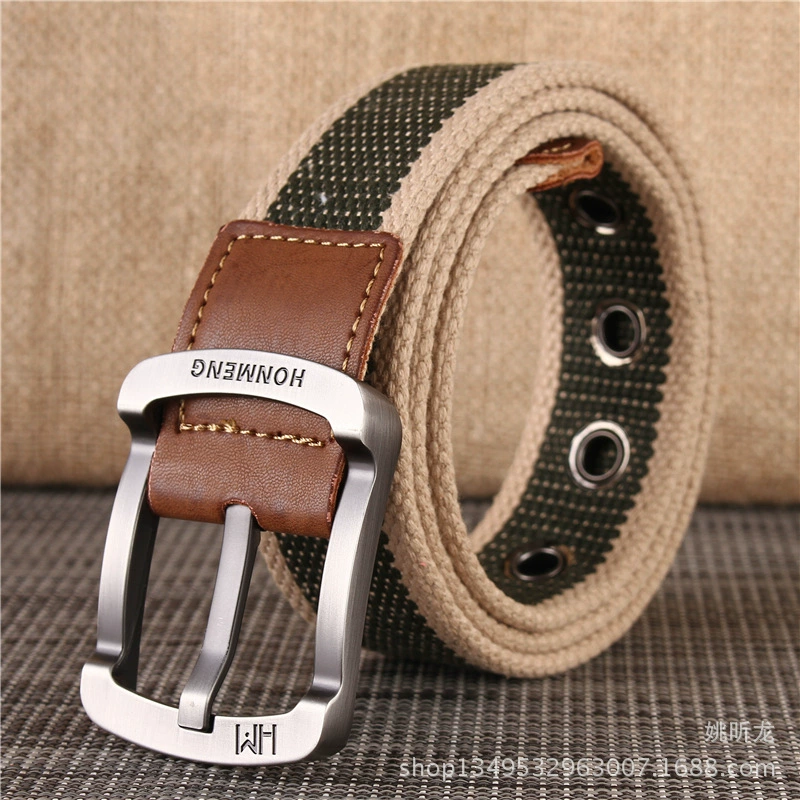 Men's cloth belt, Korean school style, canvas with faux-leather buckle, 105–125 cm