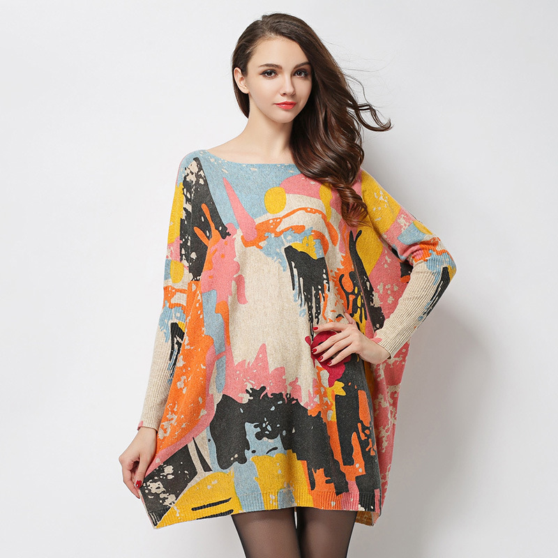 Autumn European and American Chubby Girls Slimming Large Size Knitted Women's Sweater Loose Graffiti Printed Pullover Long Sleeve Knitted Sweater Autumn European and American Chubby Girls Slimming Large Size Knitted Women's Sweater Loose Graffiti Printed Pullover Long Sleeve Knitted Sweater