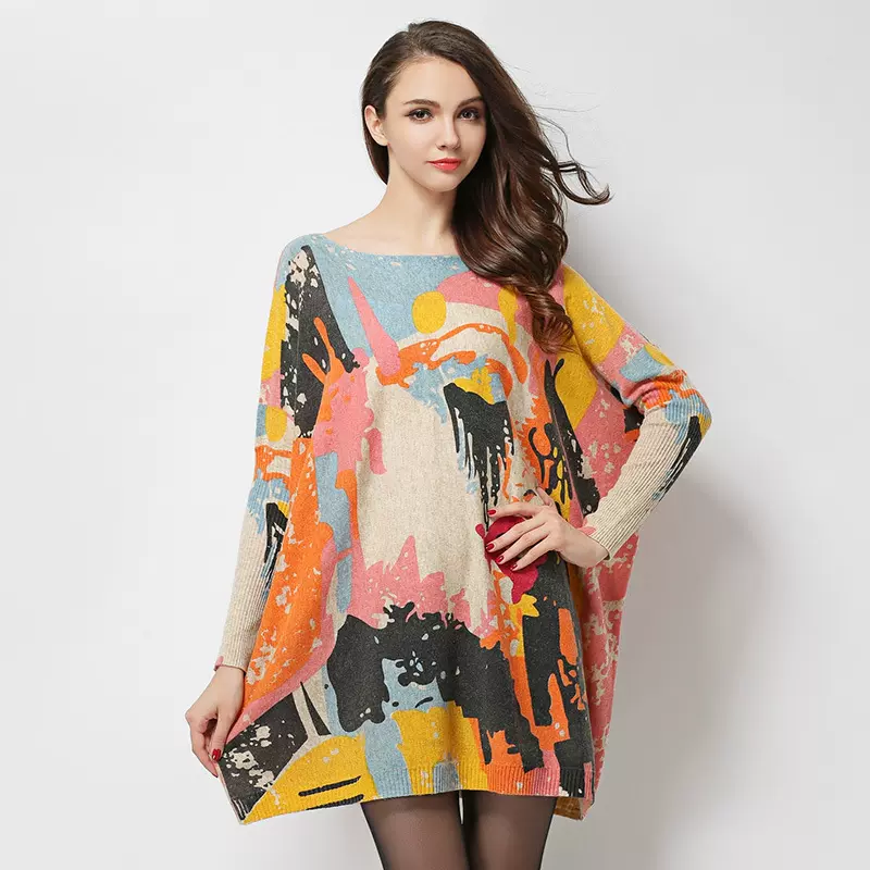秋季欧美胖mm显瘦大码针织女装 毛衣宽松涂鸦印花套头长袖针织衫
