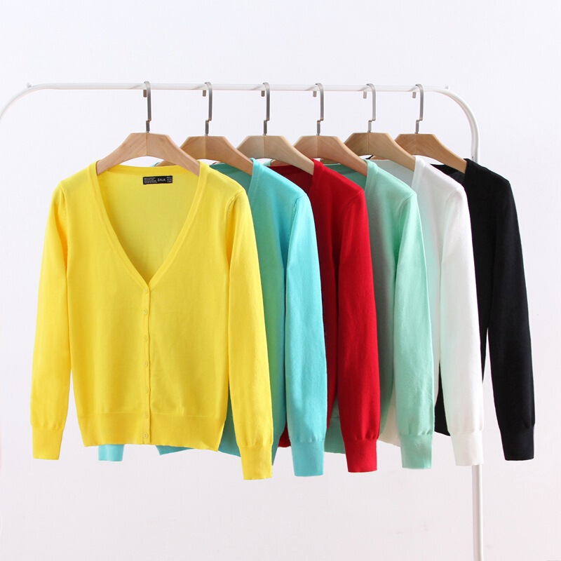 In stock cross-border supply Women's V-neck spring and autumn knitted cardigan women's solid color long sleeve V-neck outer wear thin sweater plus size