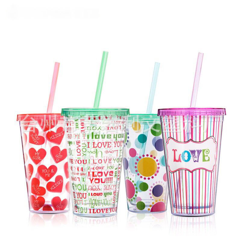 Factory Direct Sales 16oz Valentine's Day set double-layer straw Cup PS environmental protection double-layer plastic cup Star Ice Music Cup