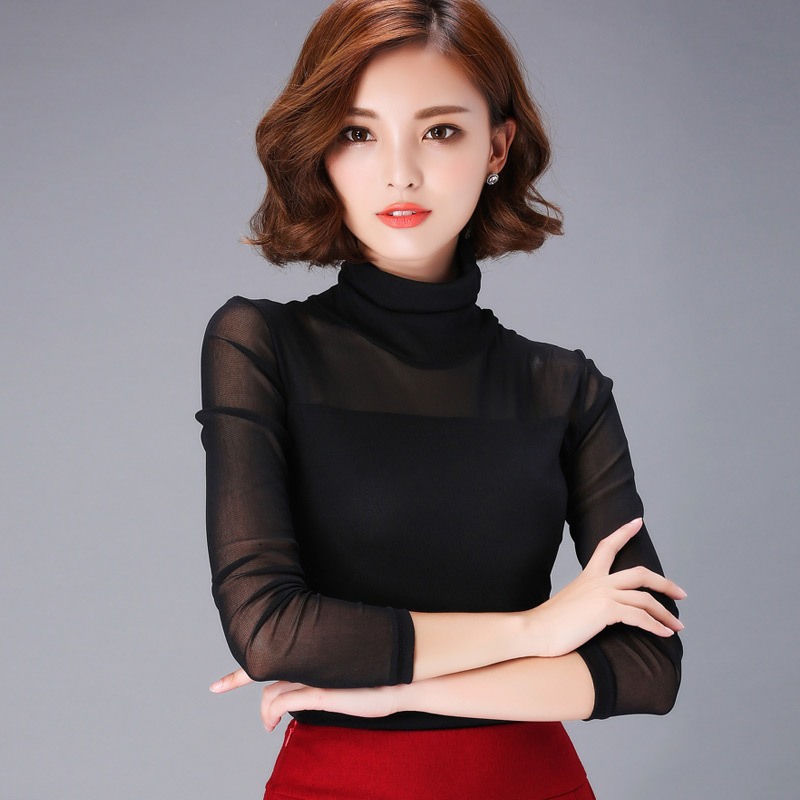 High-Neck Thin Mesh Base Shirt 2026 New Spring and Autumn Versatile Plus Size Slim Fit Long-Sleeve T-Shirt for Women