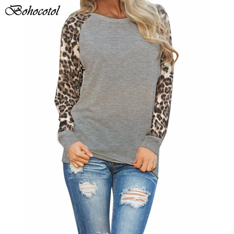 Женская свободная футболка с длинными рукавами AliExpress eaby, Новая Европейская и американская футболка больших размеров, с леопардовым принтом и отстрочкой