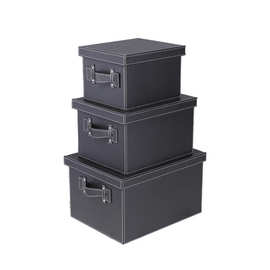 家用皮革收纳箱 PU皮质3件套收纳套箱 黑色物品整理箱组织者
