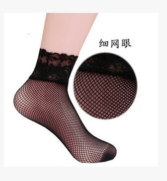 Summer and Autumn Thin Sexy Lace Women's Short Socks Black Stockings with Lace Patterns and Fishnet Design Net Eye Socks