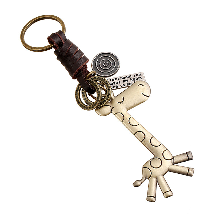 Punk factory direct vintage cowhide keychain bronze cute giraffe genuine leather keychain creative small gift