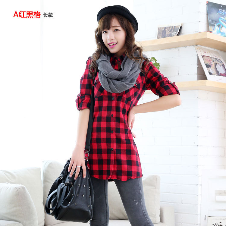 2021 spring new cotton plaid shirt Women's Mid-length long sleeve bottoming shirt Korean style slim fit large size women's