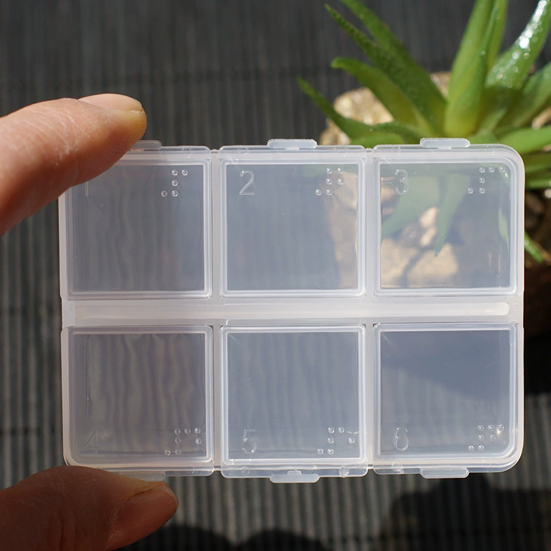 Коробка для таблеток с шестью сетками Брайля Прозрачная флип-классификация Коробка для таблеток Мини-портативная коробка для таблеток Пластиковый ящик для хранения PP