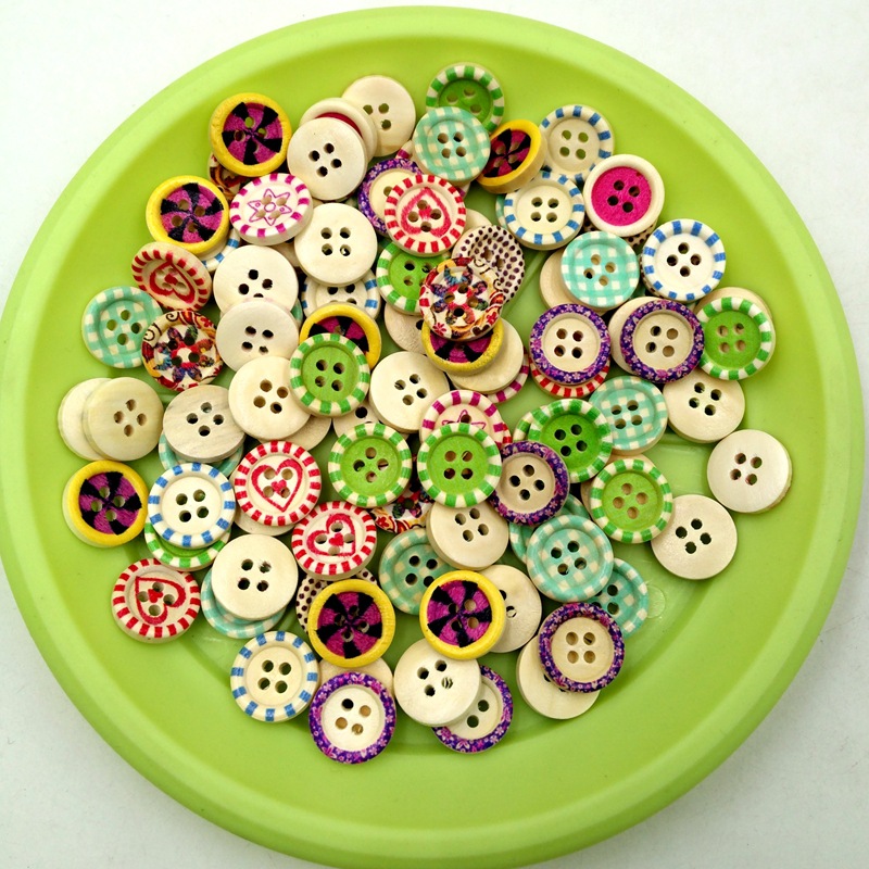 Nuevo botón de madera de 4 agujeros Plaid lunares flores y plantas mezcladas 15mm 100/bolsa