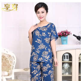 家居服棉绸套装睡衣妈妈装休闲家居舒适简约薄款夏季空调式棉绸服